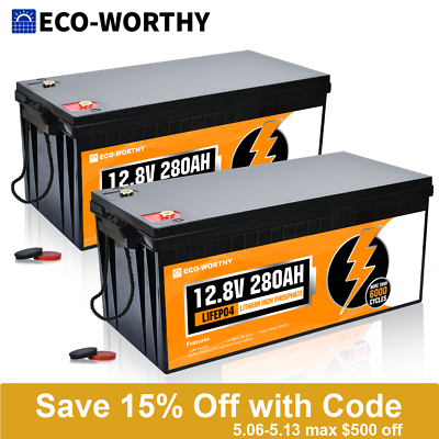 #ad ECO WORTHY 12V 280Ah 300Ah LiFePO4 Lithium Battery 6000 Cycle 24V 36V 48V For RV $489.99