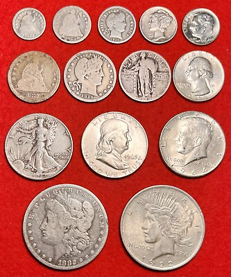 #ad 14 90% SILVER US COIN TYPE SET COLLECTION DIMES QUARTERS HALVES DOLLARS LOT $174.99