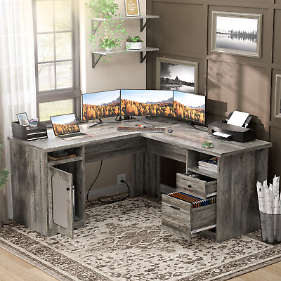 #ad L Shaped Computer Desk with Drawers amp; USB Charging Port File Cabinet Black Oak $199.99