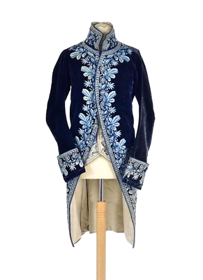 #ad Men 2Pc Blue Cotton History Embroidered Vest jacket 18th Century Wedding Attire $1550.01
