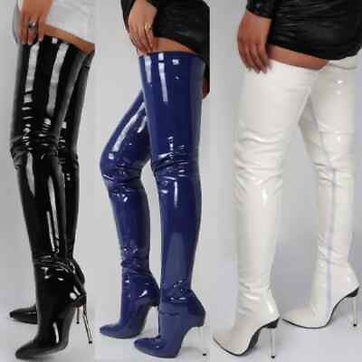#ad Women Patent Leather Over The Knee Boots High Heel Stiletto Boot Big Size 46 $86.99