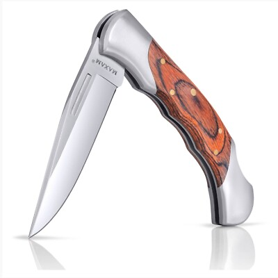 #ad Wood Pocket Knife Folding Lockback Wooden Handle Brass Pin Stainless Steel Blade $16.99
