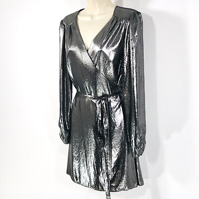 #ad GIANNI BINI METALLIC A LINE WRAP DRESS Size XL Silky Shimmering Silver Lame NEW $22.30