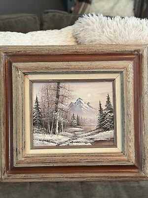 #ad Vtg Snow Winter mountains Portrait Oil Painting On Board Signed 18 x 16 Cabin $125.00