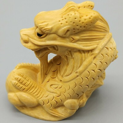 #ad Hand Carved Japanese Boxwood Netsuke Dragon on Waves Handy Wood Carving Figurine $19.99