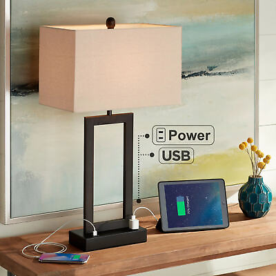 #ad Modern Table Lamp with USB Outlet Steel Open Rectangle for Living Room Bedroom C $101.64