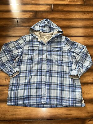 #ad #ad LL Bean Blue Plaid Sherpa Lined Flannel Hoodie Shacket Jacket XL Button Front $38.50