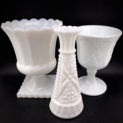 #ad Set of 3 Milky White Glass Bud Vase and Pedestal Planters $7.65