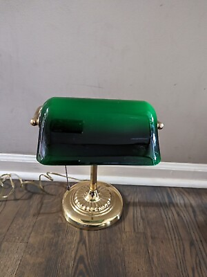 #ad Vintage Bankers Desk Table Lamp Green Glass Shade Library Light 14quot; tall $45.00