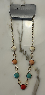 #ad New nwt Liz Claiborne gold tone necklace peach turquoise cream coral color $28 $9.60