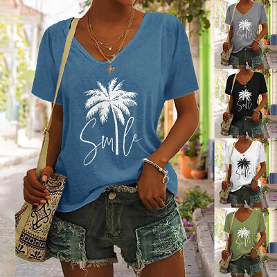 #ad Women Summer Palm Tree Printed T Shirt Ladies V Neck Casual Tunic Tops Blouse US $20.09