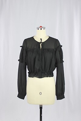 #ad LINE DOT Jayne Black Sheer Chiffon Ruffle Trim Long Sleeve Blouse Size XS $35.00