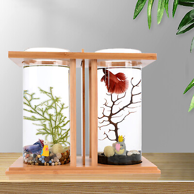 #ad NEW Glass Betta Fish Tank Bamboo Base Mini Aquarium Fish Tank For Desktop Wood $20.90