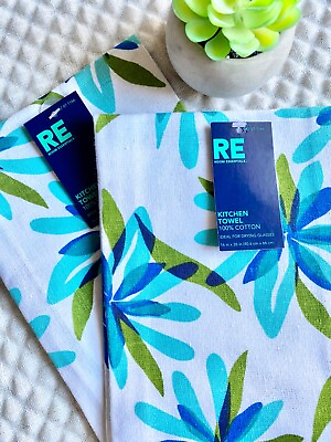 #ad New Room Essentials Aqua Blue Green Floral 100% Cotton Kitchen Towel Set of 2 $11.00