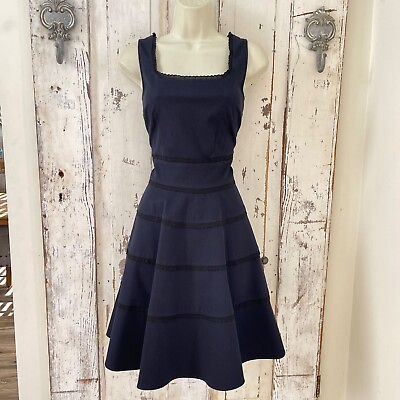 #ad RED Valentino Designer Size 44 US Size 6 Womans Navy Blue Square Lace Trim Dress $244.99