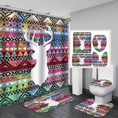 #ad Animal Elk Waterproof Shower Curtain Bathroom Bath Mat Toilet Cover Mat Set AU $9.99