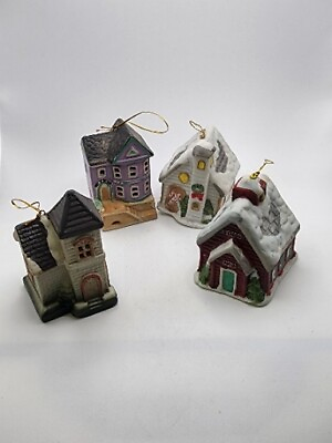 #ad 1992 Lot of 4 Victorian Light Cover Ornaments 2 Cottage Style Houses 2 Bells $20.28