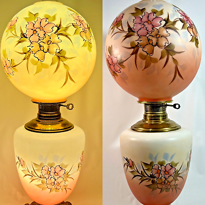 #ad Antique Victorian Hand Painted GWTW Banquet Parlor Lamp Pink Floral Double Light $475.00