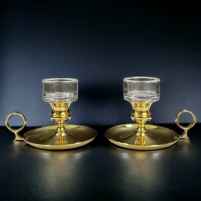 #ad Baldwin Brass Chamberstick Candle Holder With Glass Inset Set Of 2 $100.00