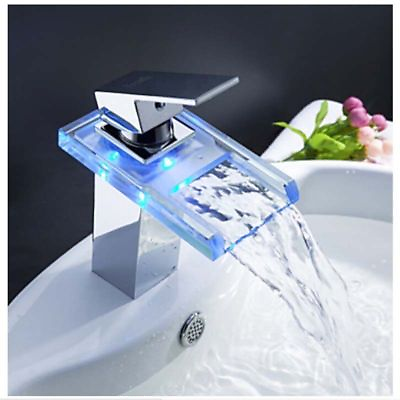 #ad LED Chrome Vessel Basin Faucet Waterfall Single Handle Hole Tap Deck Mounted $49.99