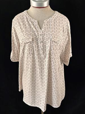 #ad Croft Barrow knit top Size 2X short cuff sleeve V neck white tan pattern $14.99