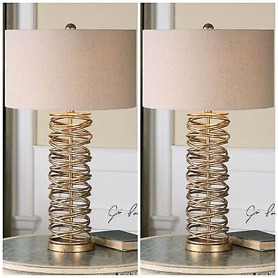 #ad PAIR MODERN DESIGNER METAL ANTIQUED SILVER CHAMPAGNE RING TABLE LAMPS $519.86