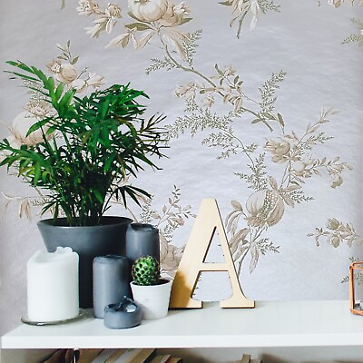 #ad Beige white green silver metallic floral botanical branches flowers wallpaper 3D $66.00
