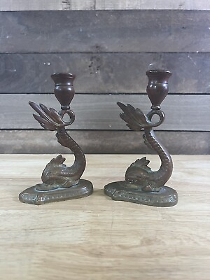 #ad Vintage Pair Of Brass Coi Fish Candlestick Holders $74.99
