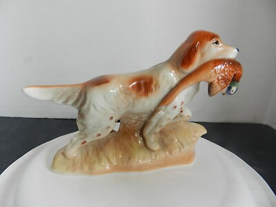 #ad Vtg MCM English Springer Spaniel with Pheasant Porcelain Dog Figurine Japan $34.99