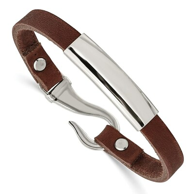 #ad Stainless Steel Polished ID Brown Leather Bracelet $36.93