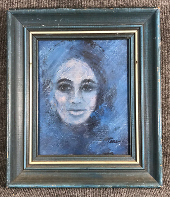 #ad Vintage Portrait Painting Blue Woman Amateur Art Framed 10x8 circa 70s Illegible $25.00