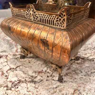 #ad Vintage hammered Brass copper gold Footed vintage Planter Box Tudor Home Decor $75.00