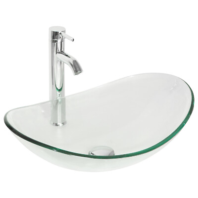 #ad Oval Bathroom Glass Vessel Sink Transparent Bowl Chrome Faucet Pop Drain Combo $89.99