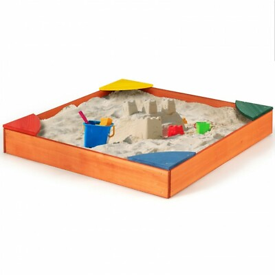 #ad Kids Wooden Backyard Sandbox W Built in Corner Seating Children Outdoor Play NEW $48.96