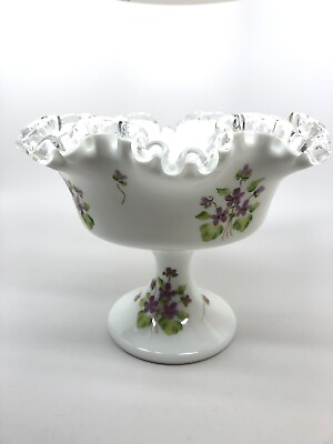 #ad Fenton Silver Crest Violets in the Snow Ruffled Milk Glass Compote $25.88