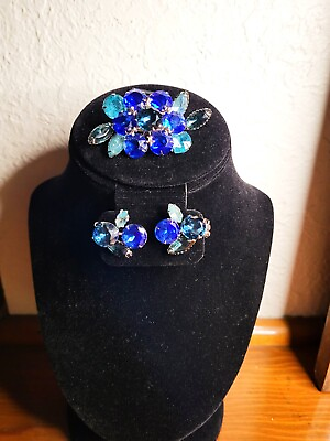 #ad Vintage Stunning Shades Of Blue Juliana Style Rhinestone Brooch amp; Earrings $112.00