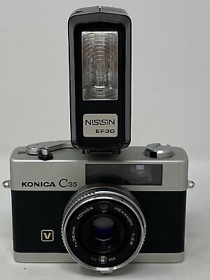 #ad KONICA C35 35MM CAMERA WITH 38MM LENS Nissin Flash Not Tested $25.00