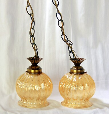 #ad Vintage Hanging Glass Lamp Set Swag Ceiling Lights Orange Pink Iridescent $142.00
