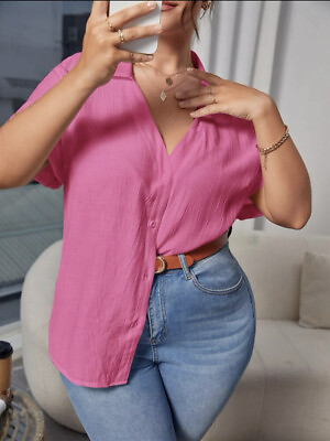 #ad Plus Size Solid Button Front Shirt Hot Pink 4XL 20 $9.99