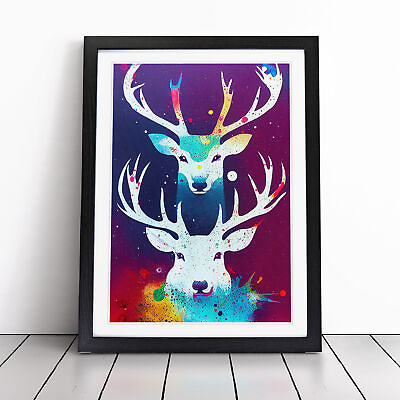 #ad Two Painted Stags No.5 Abstract Wall Art Print Framed Canvas Picture Poster GBP 34.95