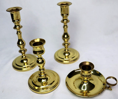 #ad Vintage Baldwin Brass Candlesticks Lot of 4 Candle Holders Round USA 6.5quot; 4.5quot; $45.41