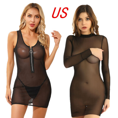 #ad US Sexy Women See Through Dress Sheer Mesh Lingerie Nightie Bodycon Mini Dresses $8.79