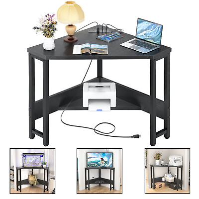 #ad Corner Computer Desk Table Triangle Workstation with Storage Shelf Power Outlets $87.99