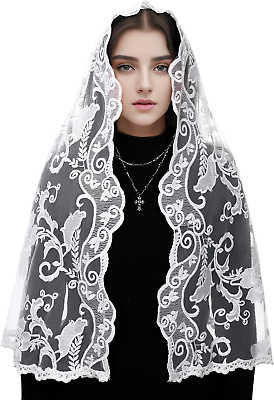 #ad Lace Mantilla Chapel Veil: Long D Shaped White Flower Embroidered Church Veils $15.13