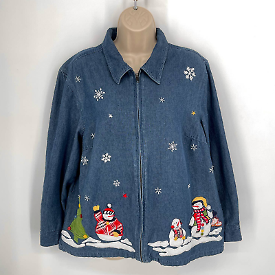 #ad Vintage Fashion Bug Blue Jean Christmas Snowman Zip Front Jacket Womens 14 16 W $34.19