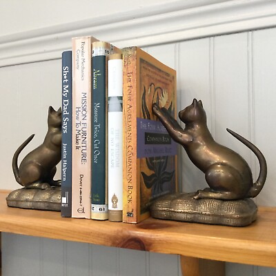 #ad Vintage Pair Cat Bookends Metal Bronze Brass Kitten Figurines Set $89.00