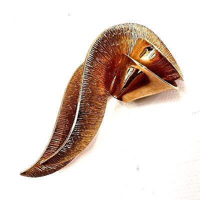 #ad Vintage Coro Gold Brooch Double Swirl Brushed Textured Long Spiral 3quot; Signed $21.78