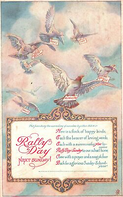 #ad Vintage Postcard 1921 Rally Day Sunday Here Is A Flock Of Happy Birds Artwork $8.09