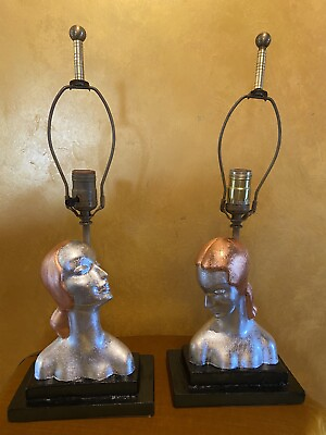 #ad Vintage Art Deco Pair Of Table Lamps Sexy Women Silver And Copper Leafing $375.00