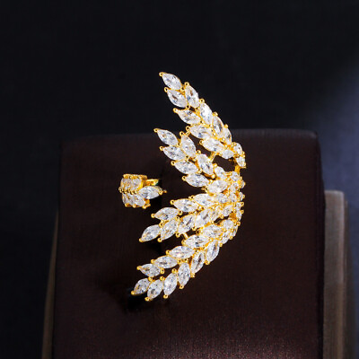 #ad Gold Plated Cubic Zircon Big Adjustable Open Leaf Finger Ring Jewelry Accessory C $10.98